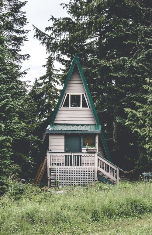 A small, triangular A-frame cabin stands among tall evergreen trees, featuring a wooden porch, a green roof, and a grassy lawn in front.