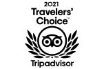 The image shows the 2021 Travelers' Choice award logo from Tripadvisor, featuring an owl in a circle flanked by laurels.