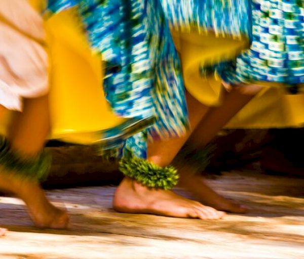The image shows people wearing colorful, patterned skirts and anklets made of green leaves, dancing barefoot on a wooden surface, blurred by motion.