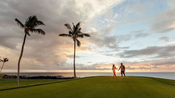 A couple is holding hands on a grassy field near the ocean at sunset, with two tall palm trees on either side and a cloudy sky in the background.