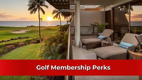 A luxurious balcony overlooks a golf course at sunset, with "Golf Membership Perks" displayed on a red banner at the bottom.
