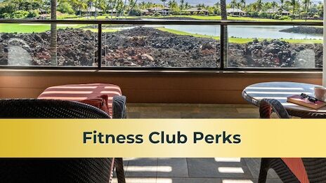 A scenic view from a balcony with palm trees, ocean, and a golf course. "Fitness Club Perks" text overlays the image.