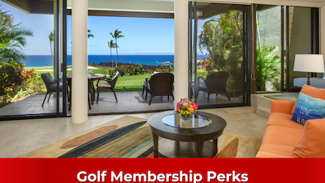 A bright living room opening to an oceanfront patio with tropical plants; a round coffee table, orange sofa, and a red banner reading Golf Membership Perks.