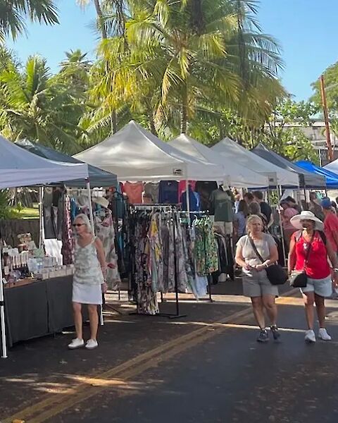 Outdoor market stalls on a sunny street with people browsing, tropical trees in the background.