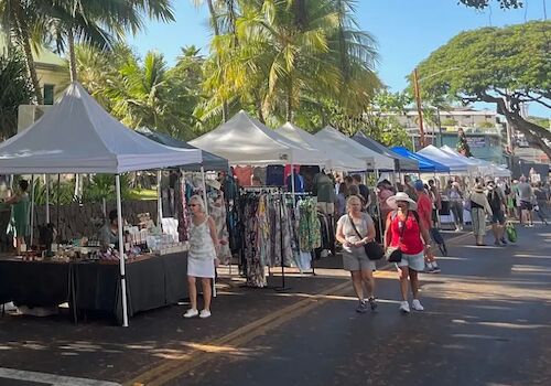 Outdoor market stalls on a sunny street with people browsing, tropical trees in the background.