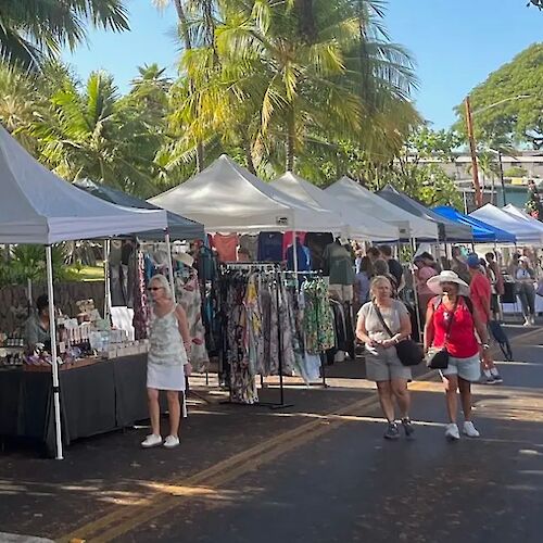 Outdoor market stalls on a sunny street with people browsing, tropical trees in the background.