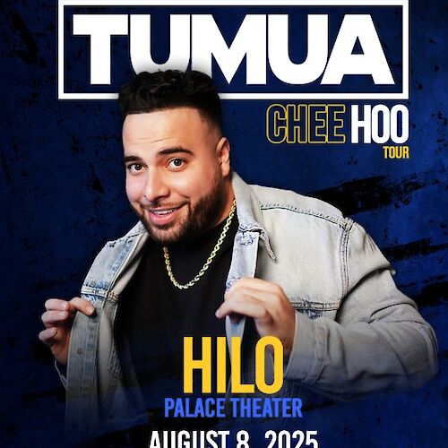 A person wearing a denim jacket is featured on a poster for the Tumua Chee Hoo Tour at Hilo Palace Theater on August 8, 2025.