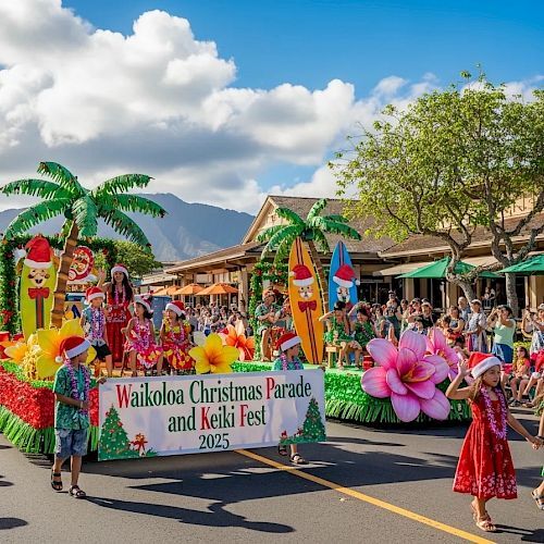 A festive parade on a sunny street with a colorful float reading “Waikoloa Christmas Parade and Ukulele Fest 2025,” tropical decor, performers, and spectators.