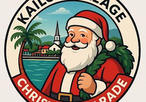 A festive circular logo reading “Kailua Village Christmas Parade” with Santa in a red suit, tropical scene, palm trees, and a church in the background.