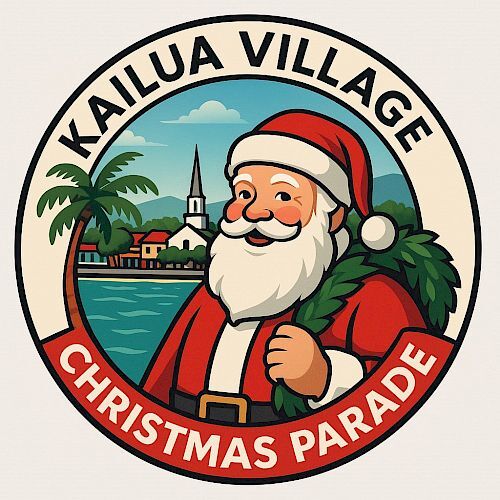 A festive circular logo reading “Kailua Village Christmas Parade” with Santa in a red suit, tropical scene, palm trees, and a church in the background.