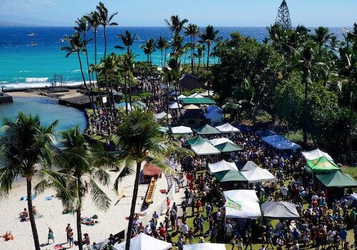 Beach party with palm trees, umbrellas, and a crowd near the shoreline under sunny skies.