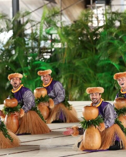 A group of small monkey figurines dressed in purple tops and brown skirts are arranged in a line on a tiled surface, with green plants in the background.