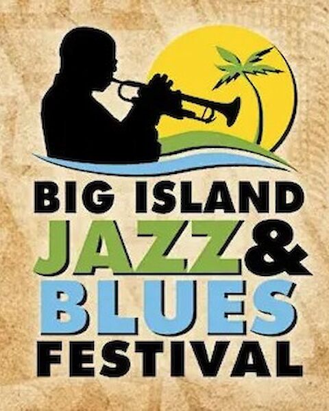 A logo for the Big Island Jazz & Blues Festival featuring a guitarist silhouette, a yellow sun, palm, and bold &ldquo;Jazz & Blues Festival&rdquo; text.