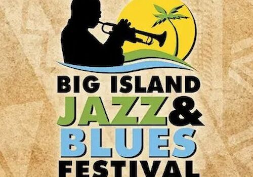 A logo for the Big Island Jazz & Blues Festival featuring a guitarist silhouette, a yellow sun, palm, and bold &ldquo;Jazz & Blues Festival&rdquo; text.