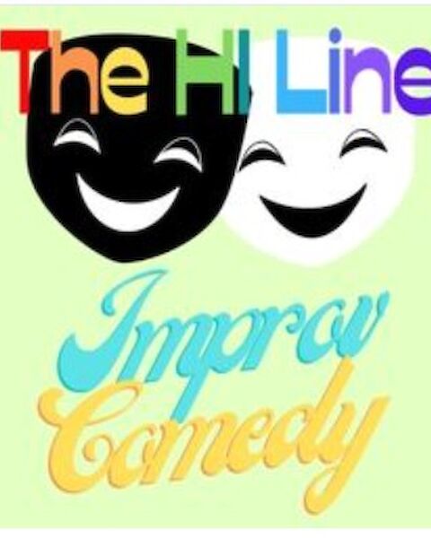 The image shows a logo with two comedy masks and the text &ldquo;The Hill Line&rdquo; at the top, and &ldquo;Improv Comedy&rdquo; in a pastel script, all on a light green background.