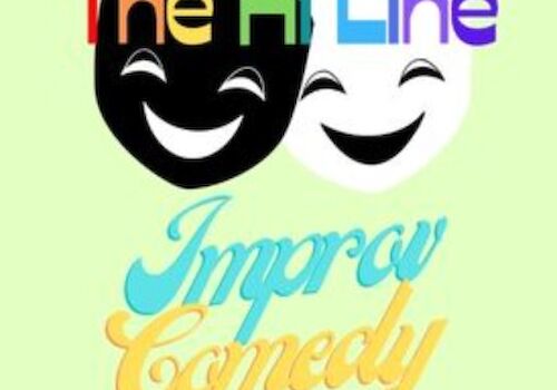 The image shows a logo with two comedy masks and the text &ldquo;The Hill Line&rdquo; at the top, and &ldquo;Improv Comedy&rdquo; in a pastel script, all on a light green background.