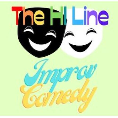 The image shows a logo with two comedy masks and the text “The Hill Line” at the top, and “Improv Comedy” in a pastel script, all on a light green background.