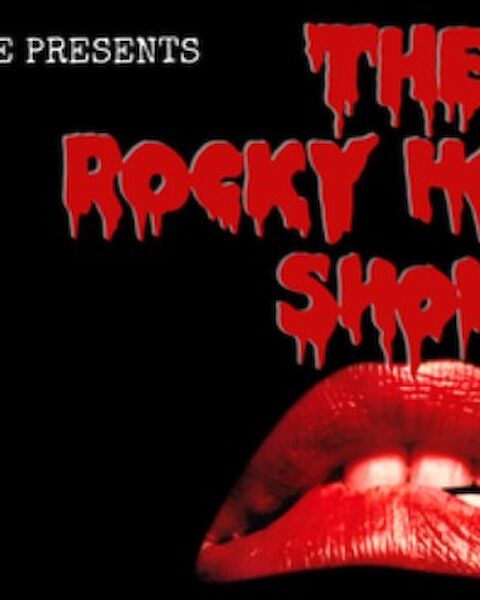 A poster for &ldquo;The Rocky Horror Show&rdquo; with dripping red text and a red lips image.