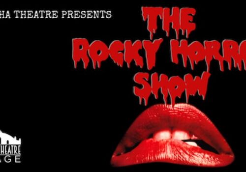 A poster for &ldquo;The Rocky Horror Show&rdquo; with dripping red text and a red lips image.