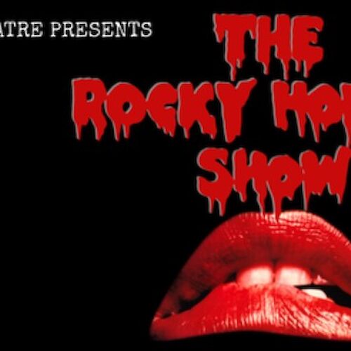 A poster for “The Rocky Horror Show” with dripping red text and a red lips image.